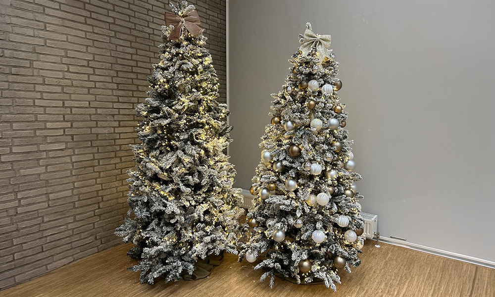 Kerstbomen en wintergroen op een sfeervol aangeklede locatie