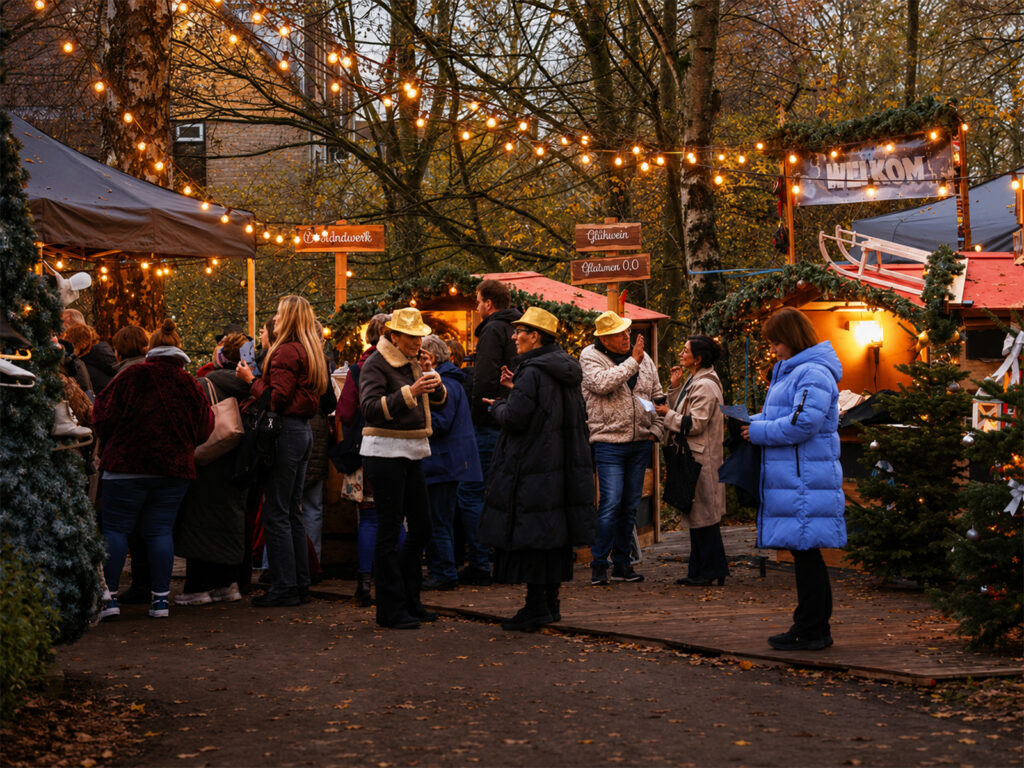 Sfeervol winterdorp met houten kersthuisjes op locatie
